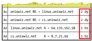 subset of packet showing NS/glue TTL