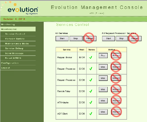 Services control page, but restart marked with danger