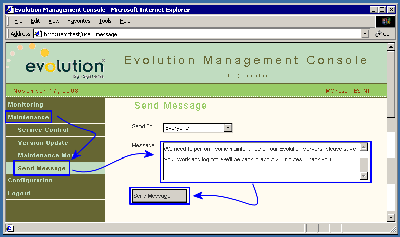 Sending a maintenance message