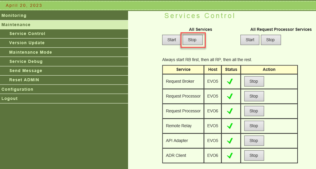 Stopping all services in the Evo MC