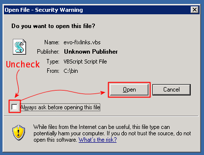 Disabling security warning in evo-fixlinks
