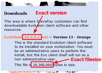 Link showing evo client with version and size