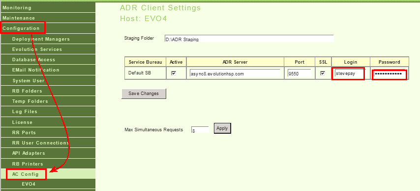 Evo MC showing ADR client config