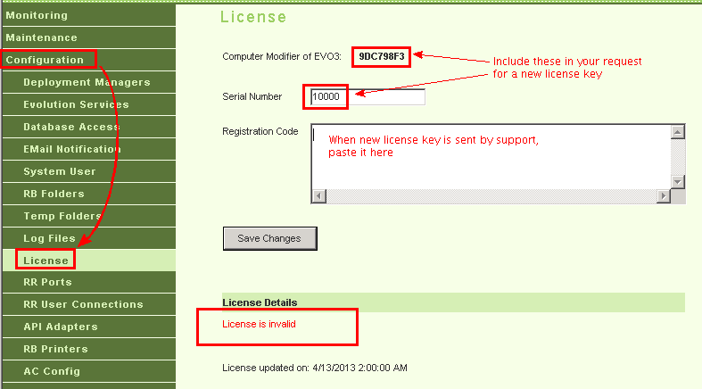 Evo MC showing bad license