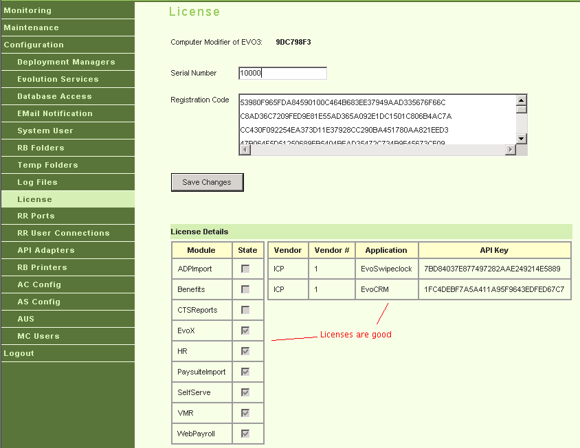 Evo MC showing good license status