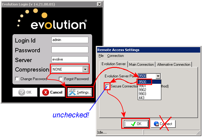 Login box settings for the Evo client