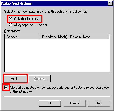[Exchange Admin: Relay Restrictions tab]