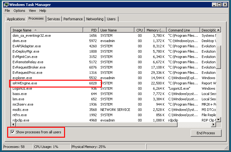 Task Manager showing isRWEngine