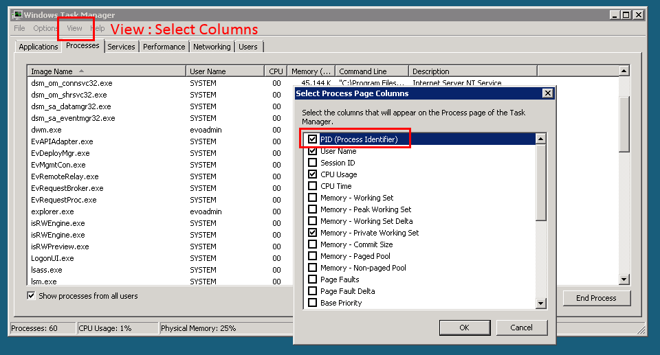 Enabling PID column in Task Manager