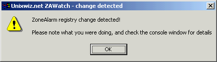 [popup box - ZoneAlarm registry changed]